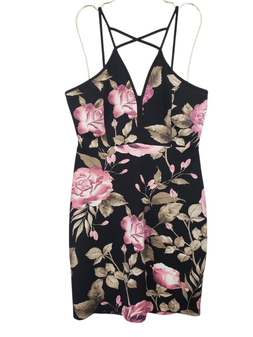 Yaya & Co. Black Pink Rose Floral Strappy Plunging V-Neck Bodycon Dress Size L